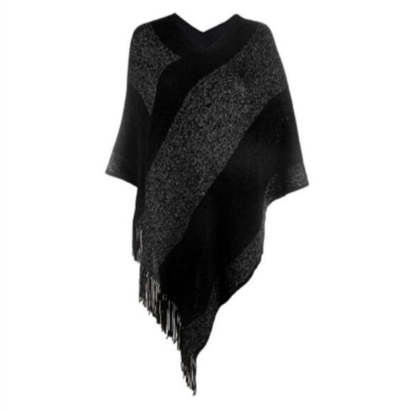 Knitted Shawl with Fringed V-Neck Striped Sweater Pullover Faux Cashmere - Picture 6 of 6